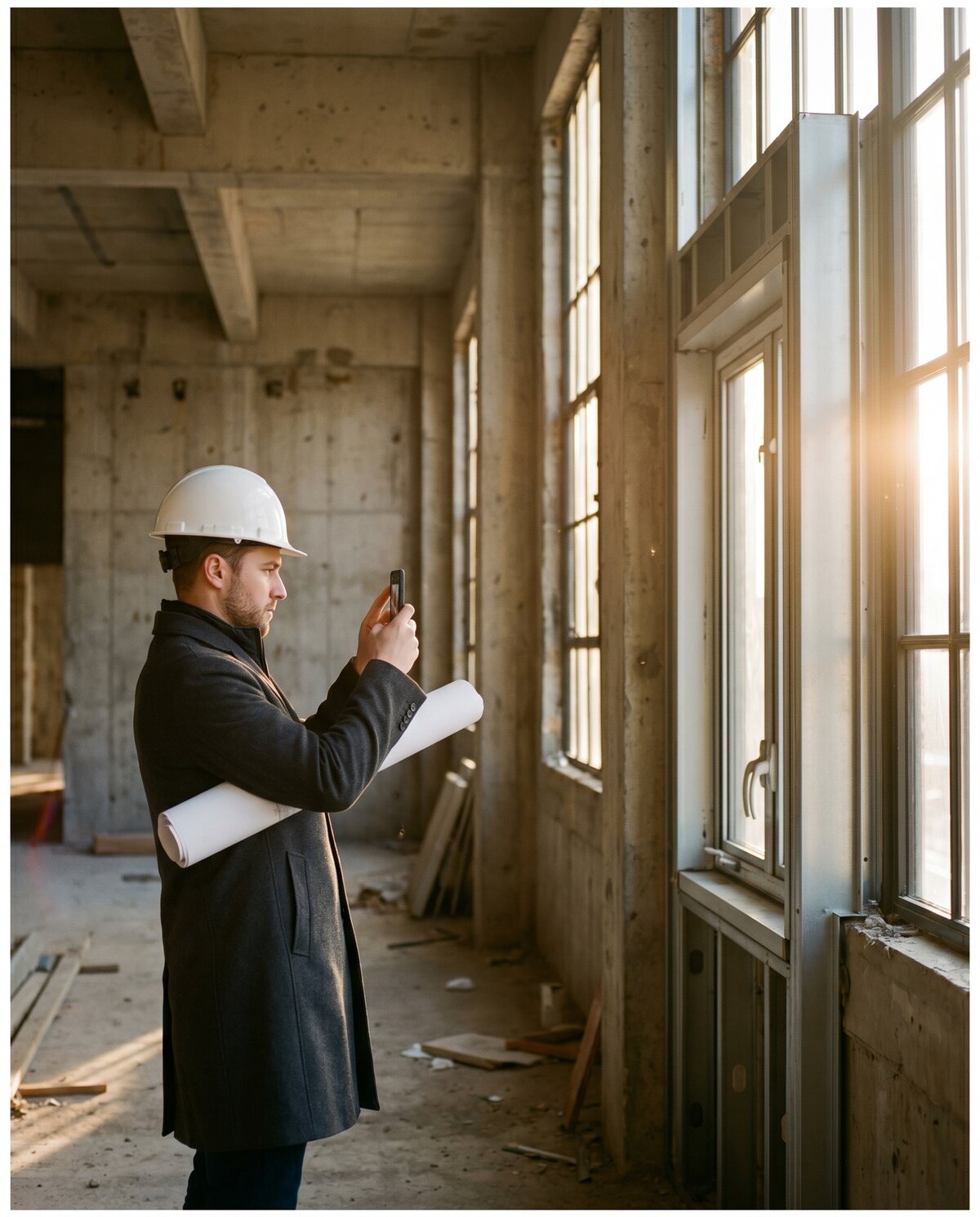 Architect verifying installed work against drawings