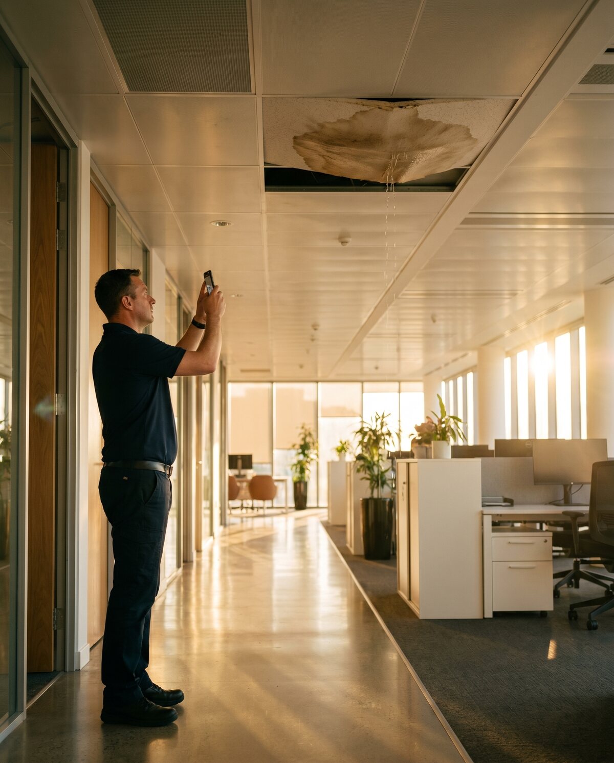 Facilities manager photographing a water-stained ceiling tile