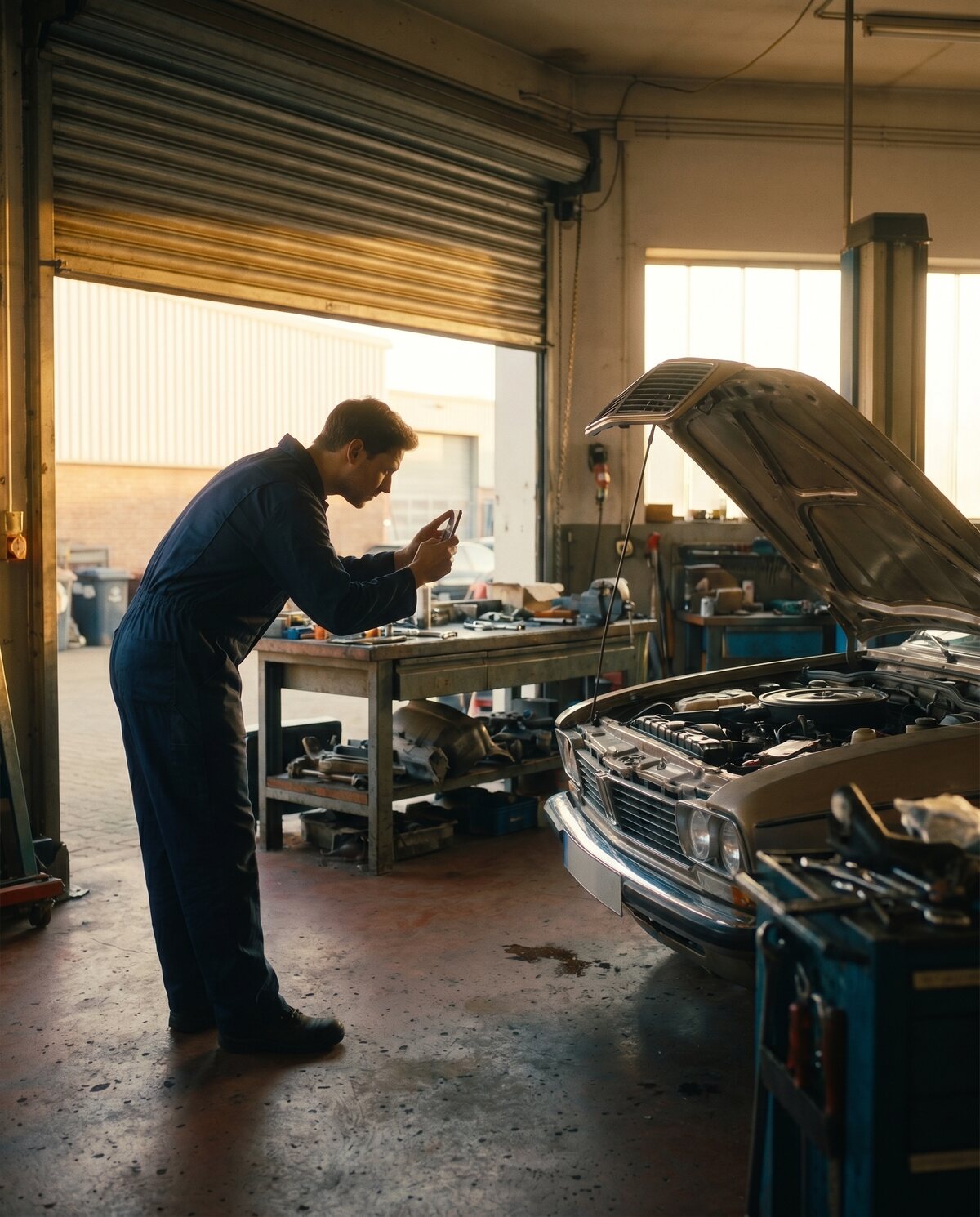 Mechanic photographing a classic car engine in the workshop