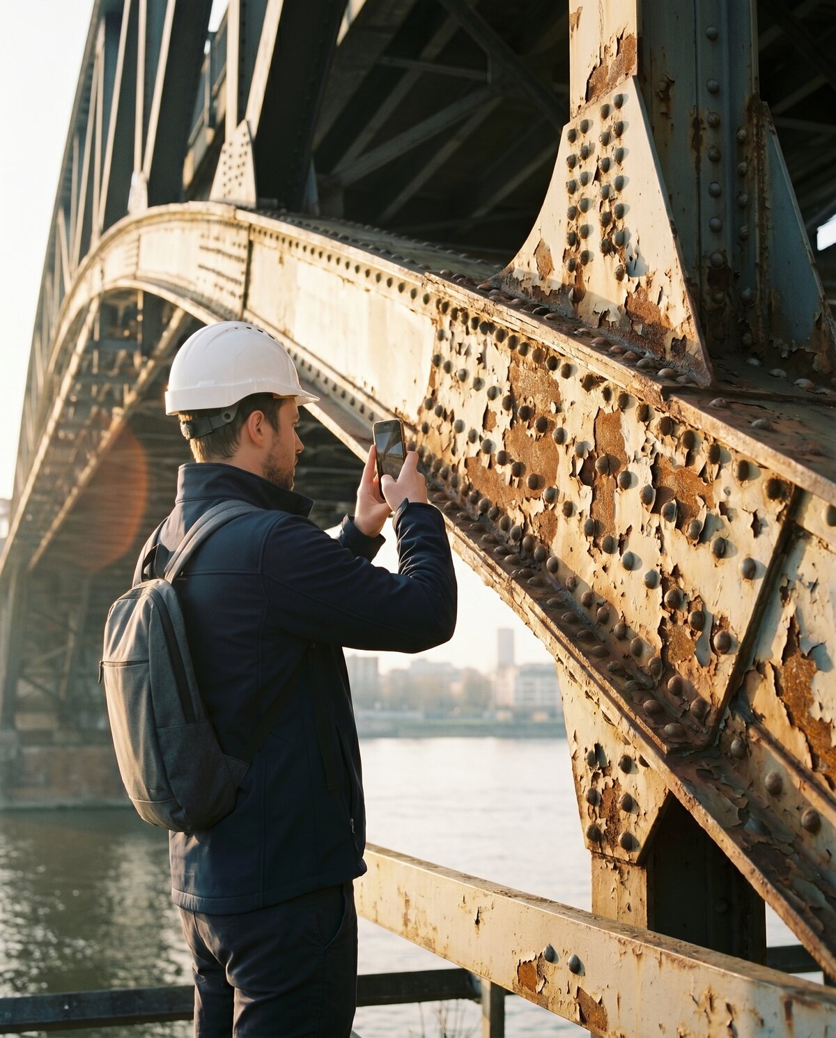 Inspector running a facade condition assessment