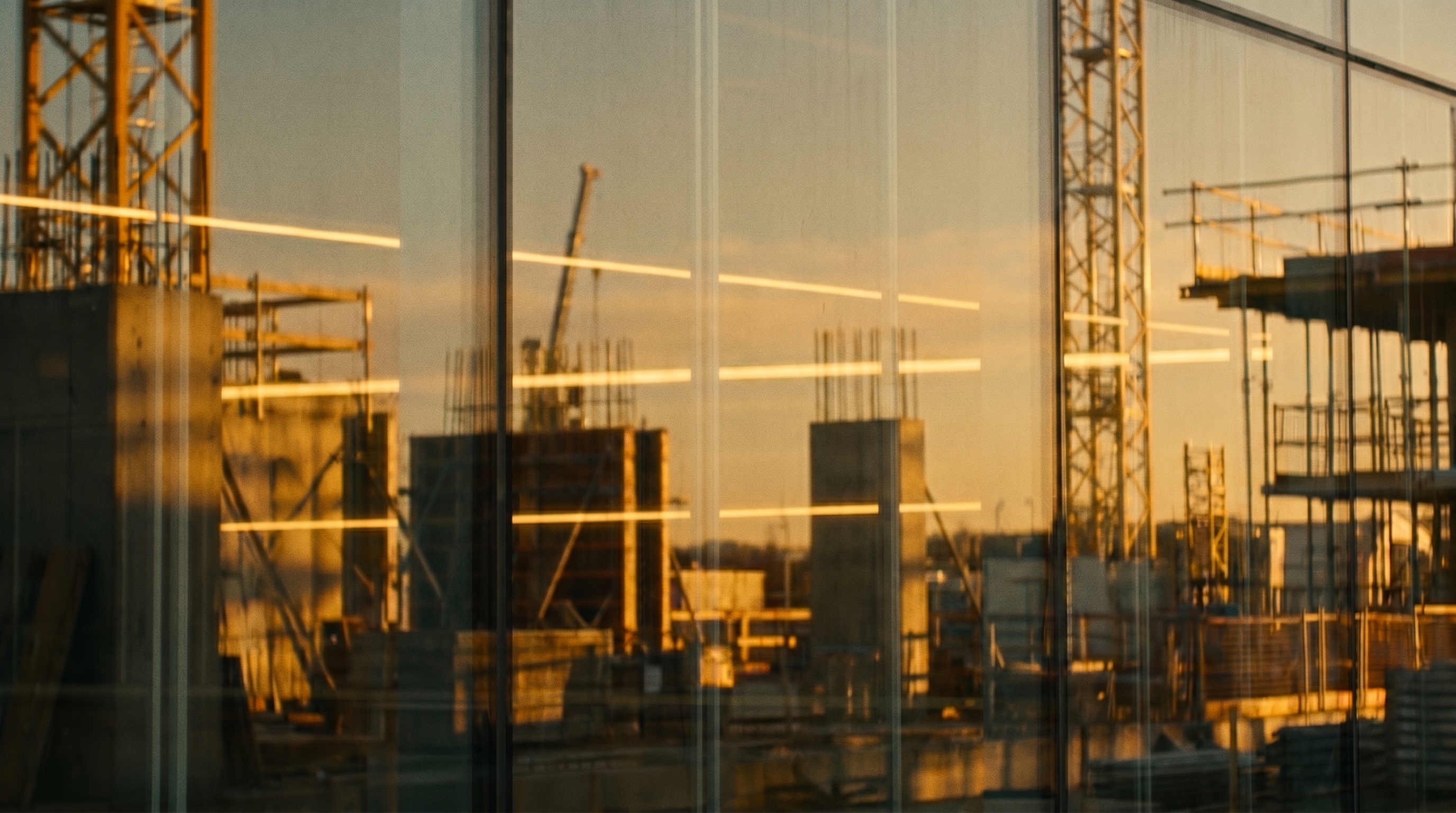 A construction site refracted through a golden curtain wall at dusk, cranes and scaffolding caught in the glass.