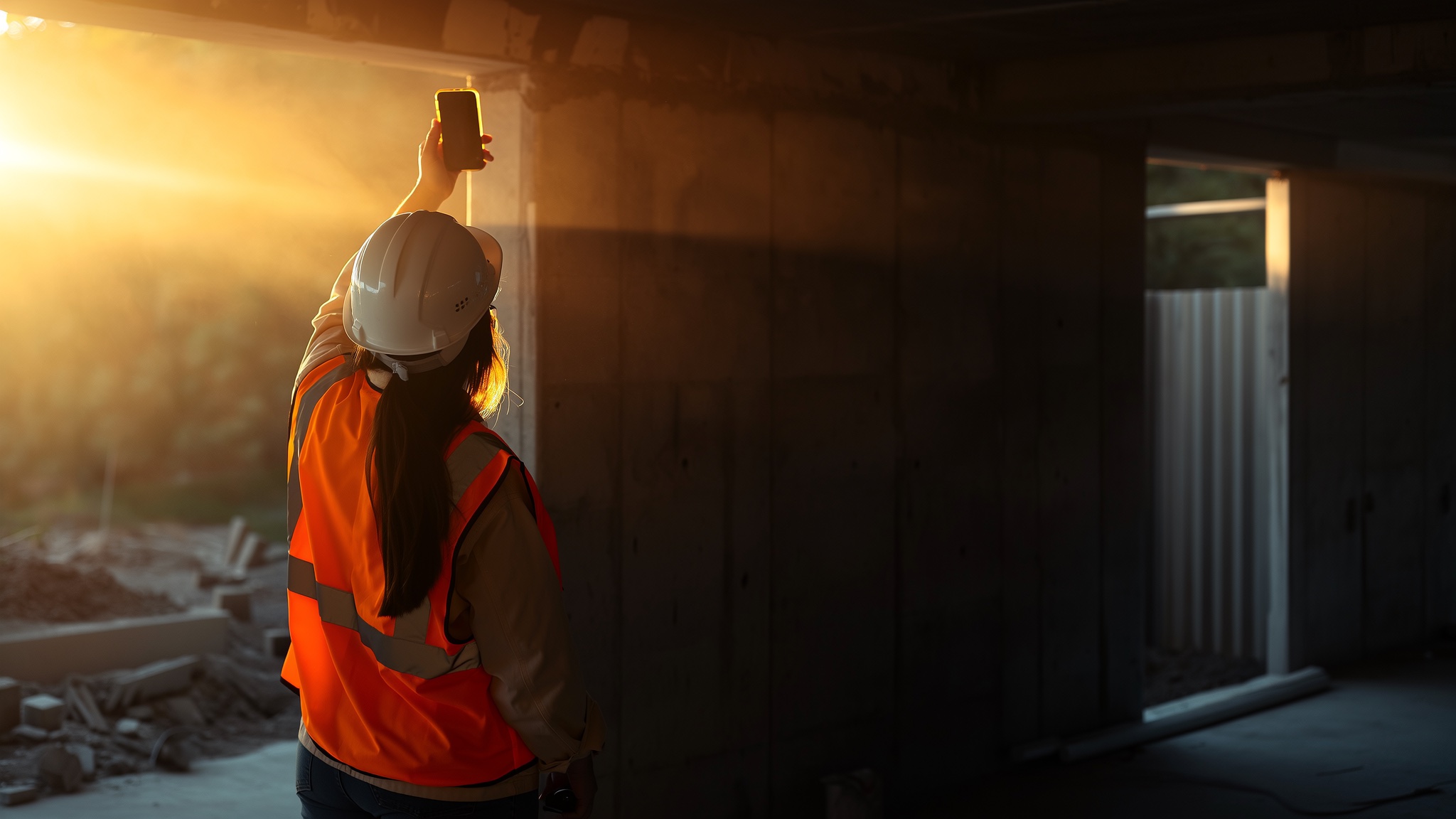 A site worker in a hard hat and hi-vis vest, backlit in a dark concrete shell, raising her phone to capture