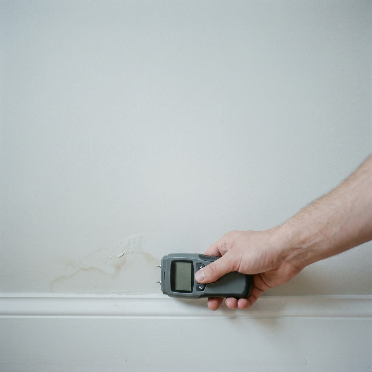 Handheld moisture meter held against a water-stained wall above the baseboard