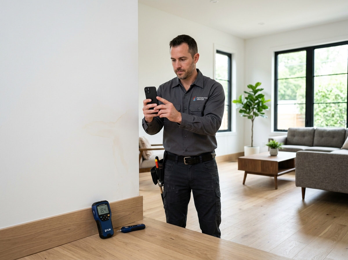 Restoration – water-damaged wall with peeling paint and staining